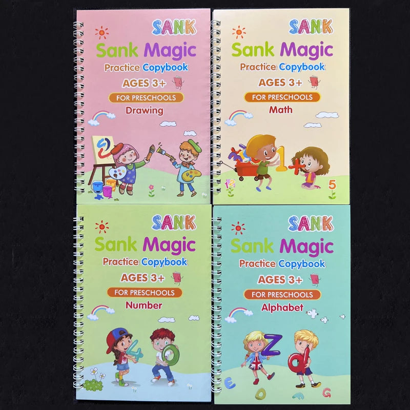 4pcs Sank Magic Practice Copybook & Pen - Preschools Kids Reusable Writing Book